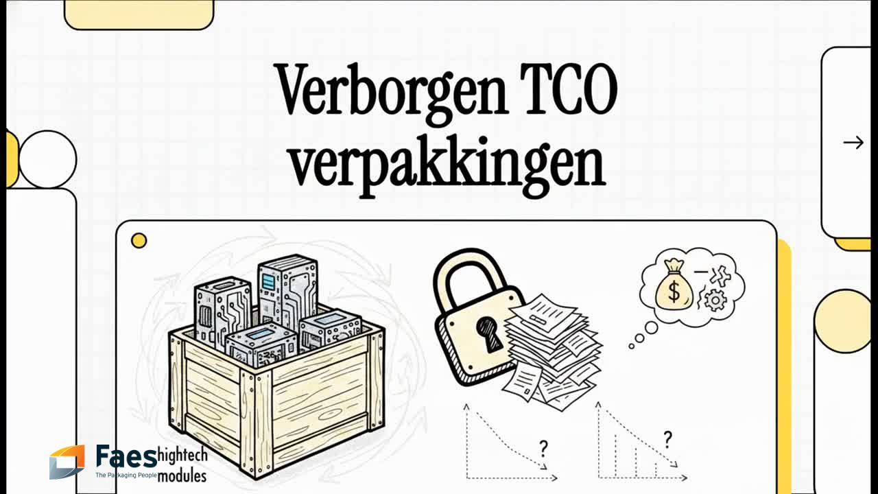 Illustratie van Faes over de verborgen Total Cost of Ownership van verpakkingen, met technische apparatuur, administratie en indirecte kosten als belangrijke aandachtspunten.