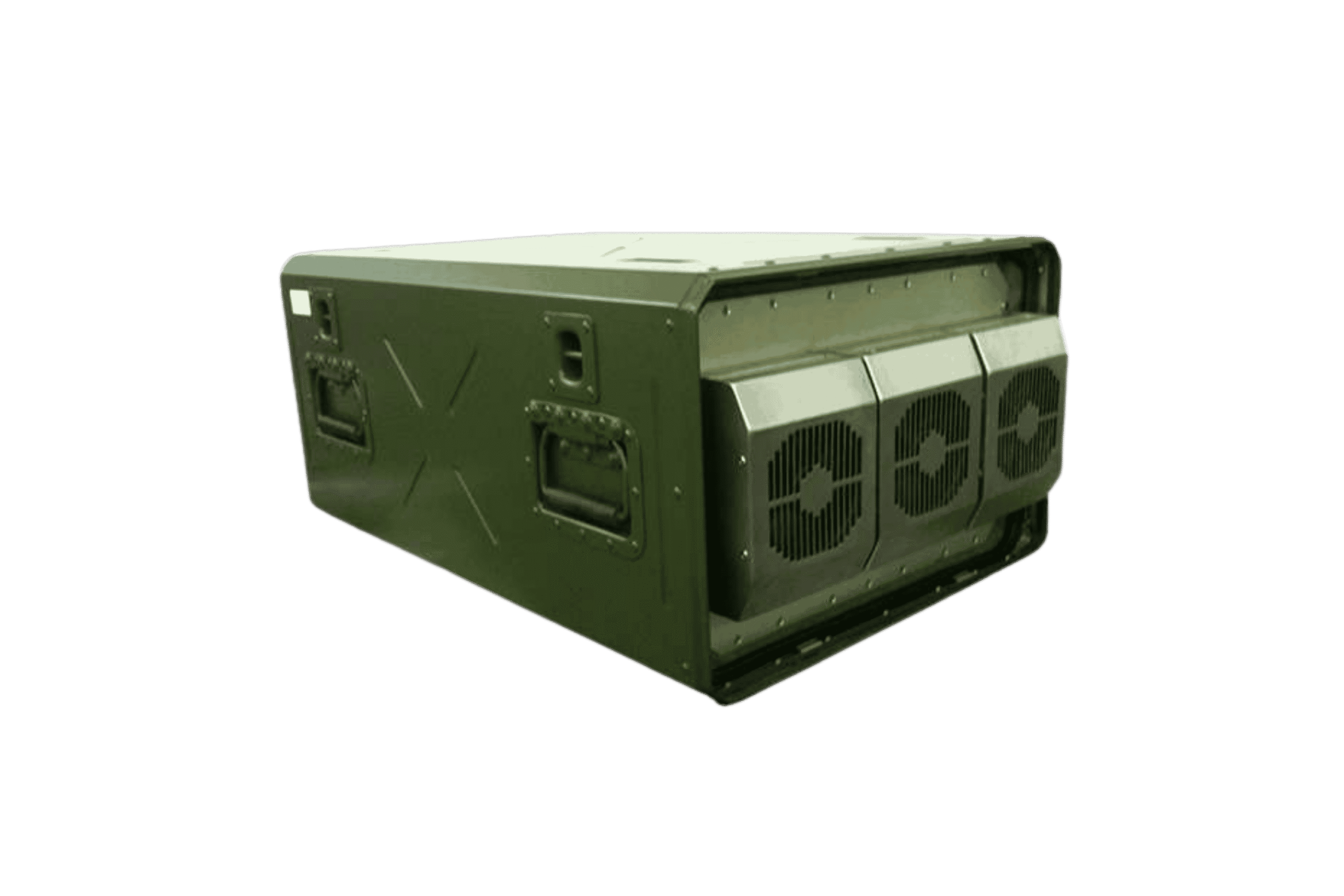 Groene militaire transportkist van Faes met stevige metalen behuizing, verzonken handgrepen en geïntegreerde ventilatie, passend bij de materiaalkeuze voor robuuste militaire toepassingen.